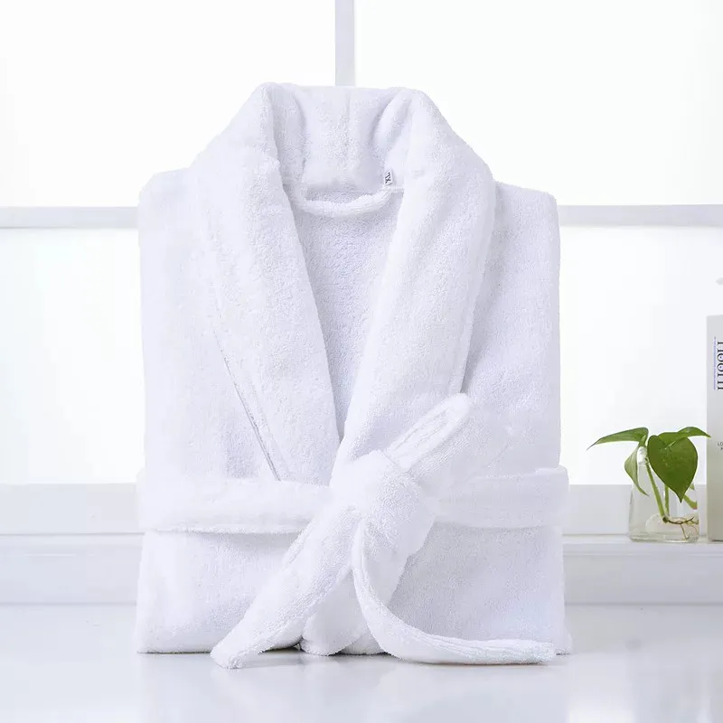 Venta al por mayor de lujo de encargo suave algodón puro Terry Unisex Hotel Spa batas bata de baño blanco