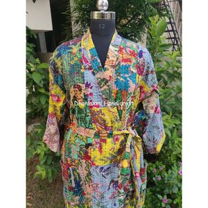 ชุดนอนสไตล์กิโมโน Kantha ชุดคลุมอาบน้ำผ้าฝ้ายลายดอกหลายคอลโลอินเดียงานเย็บปะทำด้วยมือชุดแมกซี่ขนาดใหญ่พิเศษขายส่ง - Product Image 4