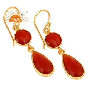 Natural <b>Red</b> Onyx Gemstone <b>Earrings</b> 18 Karat Gold Plated Designer 925 Silver Dangle <b>Earrings</b> Jewelry Manufacturer - Product Image 2
