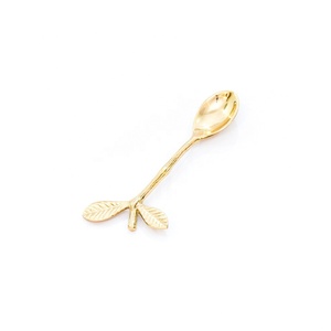 High Quality Wedding <b>Dessert</b> Spoon Tableware Brass Golden Twig Handle With Double Leaves <b>Dessert</b> Spoons - Product Image 1