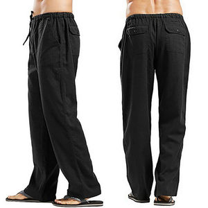 Pantalones rectos de lino y algodón para hombre, pantalón transpirable con cordón, diseño con múltiples bolsillos, para la playa, venta al por mayor - Product Image 3