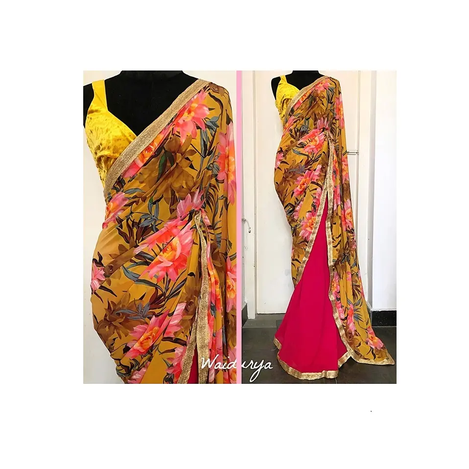 Georgette Saree-ropa de oficina informal tradicional de India, colección impresa, venta al por mayor, precio barato, superventas