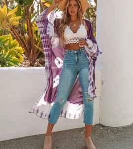 <b>Women's</b> Summer Tie Dye Long Kimono Dress Plus Size <b>Beach</b> Resort Wear Swim <b>Cover</b>-<b>up</b> Woven Floor-Length Natural Waistline Washable - Product Image 1