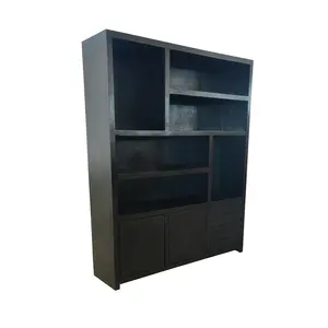 Черный высокий книжный шкаф из массива манго с дверцами и ящиками, Уникальный книжный шкаф с ящиками, шкаф