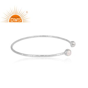 Indian Pearl <b>Gemstone</b> <b>Bracelet</b> Textured 925 Sterling Fine Silver Handmade Cuff <b>Bracelet</b> Jewelry Supplier - Product Image 2