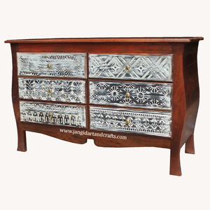 <b>Vintage</b> Indian Pure Mango Wood Solid Carved Storage Chest of Drawers Six Drawer Living Room <b>Cabinet</b> Sideboard Handmade Rajasthan - Product Image 5