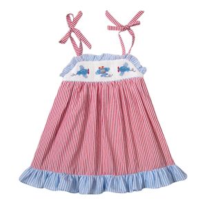 Lovely Red Striped Girl Dress With Smocked Airplane - BB2137