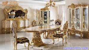 Lujoso juego de comedor de 10 plazas tallado pesado, juego de mesa de comedor tallado a mano con pulido dorado, juego de mesa de comedor lujoso de espalda baja - Product Image 6