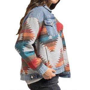 Women's Vintage Denim <b>Jacket</b> with Geometric Print Long Sleeve Lapel Cardigan for Winter Junior Size - Product Image 5