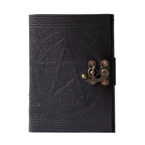 Handmade Embossed Black Pentagram C - Lock Notebook & Sketchbook Leather Journal Customized Book Drawing Pad With Handmade paper