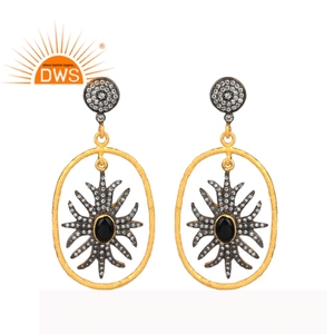 18k <b>Gold</b> Plated And Black Oxidized Silver Floral White Zircon <b>Dangle</b> <b>Earring</b> Wholesale Natural Black Onyx Gemstone <b>Earrings</b> - Product Image 1