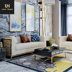 Luxury home sofa set living room furniture modern leather or fabric sofa with golden stainless steel frame luxury exclusive sofa