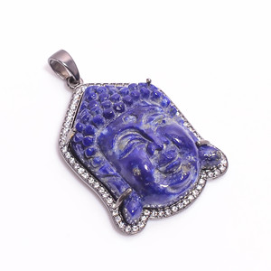 925 Sterling Silver Fine Jewelry Pendentif Gravé Religieux Personnalisé Lapis Lazuli Bouddha Visage Naturel Bleu Gemme CZ Accents - Product Image 3