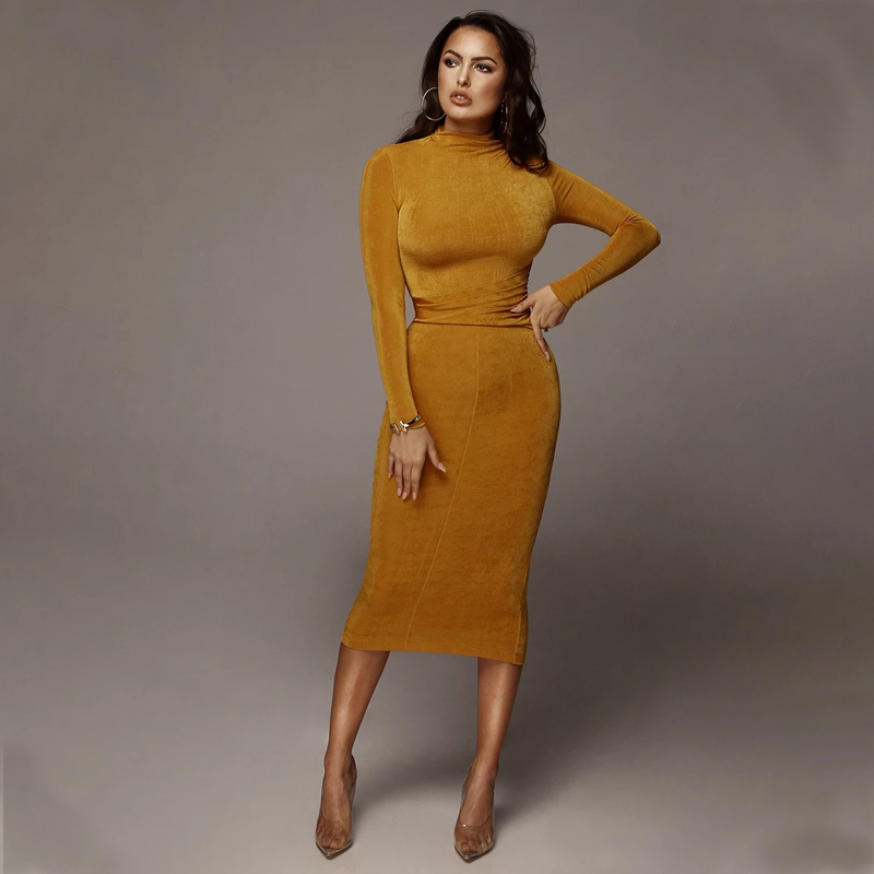 Fashion Women's European American Style Long-sleeve Round Neck Solid Color Long Dress Elegant Evening Dress