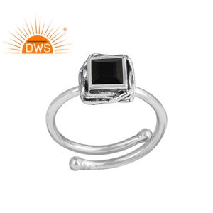 Dark Black Onyx <b>Square</b> Shape Gemstone Ring Jewelry Supplier 925 Silver Girl's Oxidized <b>Adjustable</b> ring Jewelry Manufacturer - Product Image 1