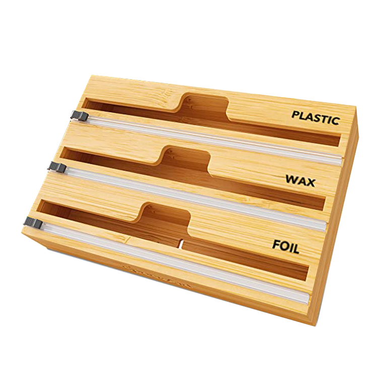 Бамбуковый дозатор 3 в 1 с резаком и этикетками, пластиковая обертка, Диспенсер алюминиевой фольги и вощеной бумаги для кухонного ящика