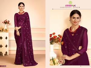 Sari In à paillettes de styliste, en Georgette, tissu bordé avec toutes les broderie, sarre de travail avec blouse assortie de contrastée - Product Image 3
