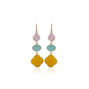粉色蓝色和黄色玉髓宝石钩耳环天然宝石 & 嵌框镶嵌镀金珠宝，模式Joyas E-1097