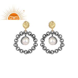 Pendientes colgantes de latón con gema de perla blanca Natural, joyería, aros redondos chapados en oro, joyería hecha a mano - Product Image 1