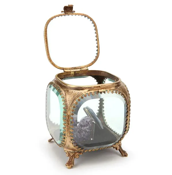 Caixa de joias, antiguidade chanfrada de vidro com armação de metal quadrada, organizador de joias vintage para brinco, colar, joias
