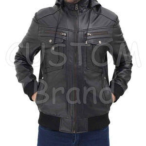 แจ็กเก็ตหนังเข้ารูปสำหรับผู้ชาย, เสื้อแจ็คเก็ตหนังเข้ารูปคอตั้งโลโก้ด้านหน้าอบอุ่นดีไซน์เป็นกระเป๋าแฟชั่นกันลม - Product Image 2