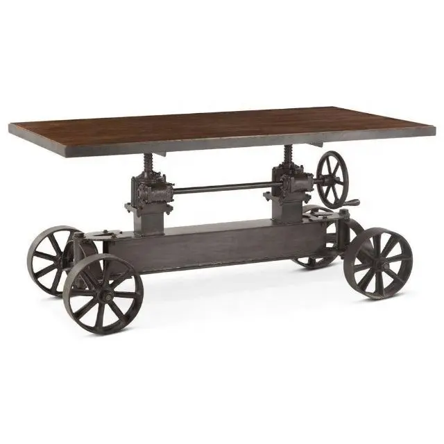 Adjustable height crank mango wood top and cast iron base Train Wheels Dining Table