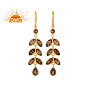Pendientes de hoja de piedra preciosa de cuarzo ahumado Natural, joyería chapada en oro, proveedor de joyería de plata de ley 925 - Product Image 1