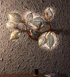 Metal <b>Tree</b> With Birds Mural With <b>Lighting</b> Golden Brownish Wrought Iron 3D Hanging Sculpture Metal Wall Art for Wall Decoration - Product Image 3