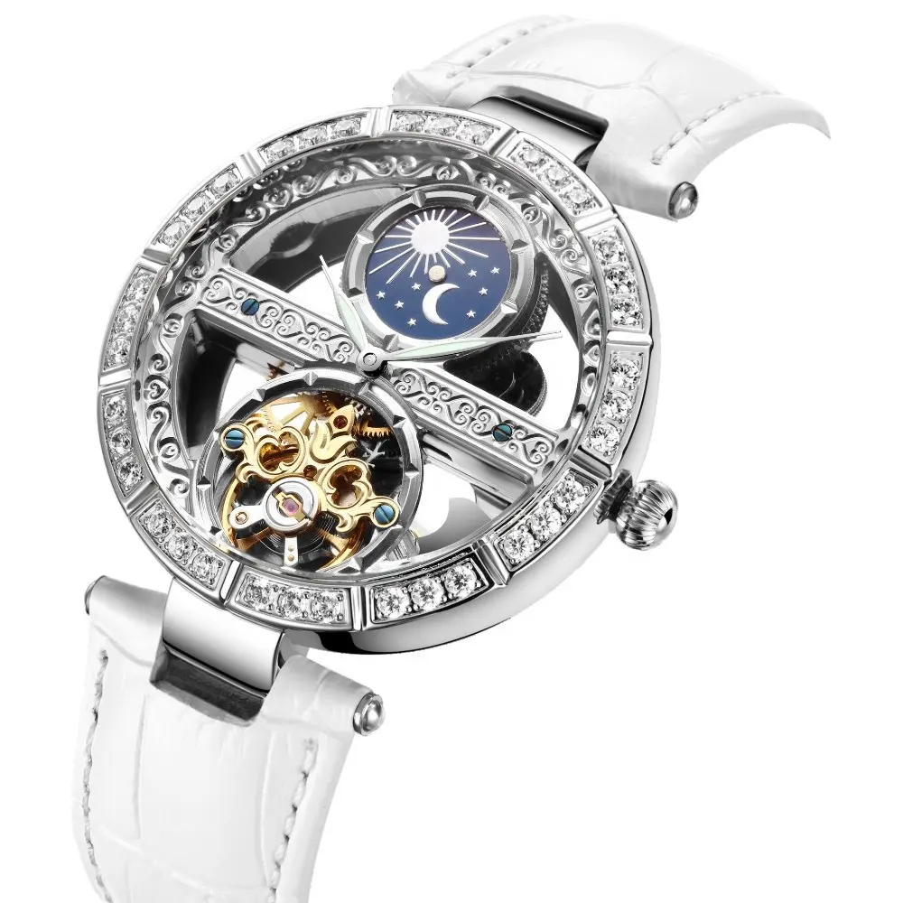 Leather Or Stainless Steel Band Crystal Bezel Full Skeleton Moon Phase Designer Automatic Watch Women