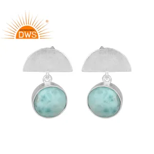 Larimar Gemstone Earring Handcrafted Half Moon 925 Sterling Silver Stud Earring Girl's Silver Wholesale