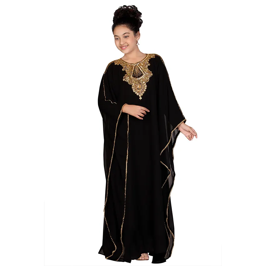 Nuovo arrivo ragazza musulmana manica a farfalla dubai caftano abito abbellimento dorato chiuso Farasha kaftan-modello n. 70026