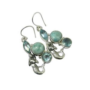 High Quality 925 Sterling <b>Silver</b> Dangle <b>Earrings</b> <b>Solid</b> Multi Gemstone Larimar Vintage Religious Christian Jewelry for Wedding - Product Image 1