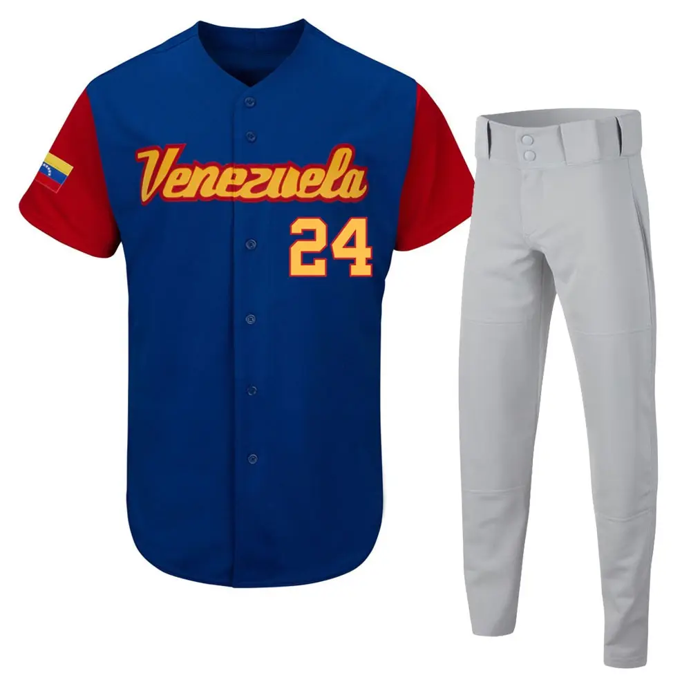 Heren Blauw Mesh Stof Honkbal Uniform Sets Venezuela Shirt Borduurwerk Patches Vrouwen Softbal Jersey