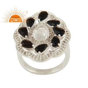 Anillo de cóctel de flor de topacio blanco, cristal de cuarzo, ónix negro, Gema de plata de ley, fabricante de joyería - Product Image 1