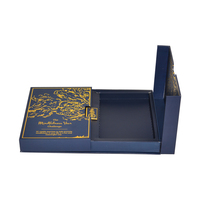 Boîte cadeau recyclable haut de gamme bleu marine en carton rigide avec estampage à chaud doré, double ouverture et plateau intérieur de luxe