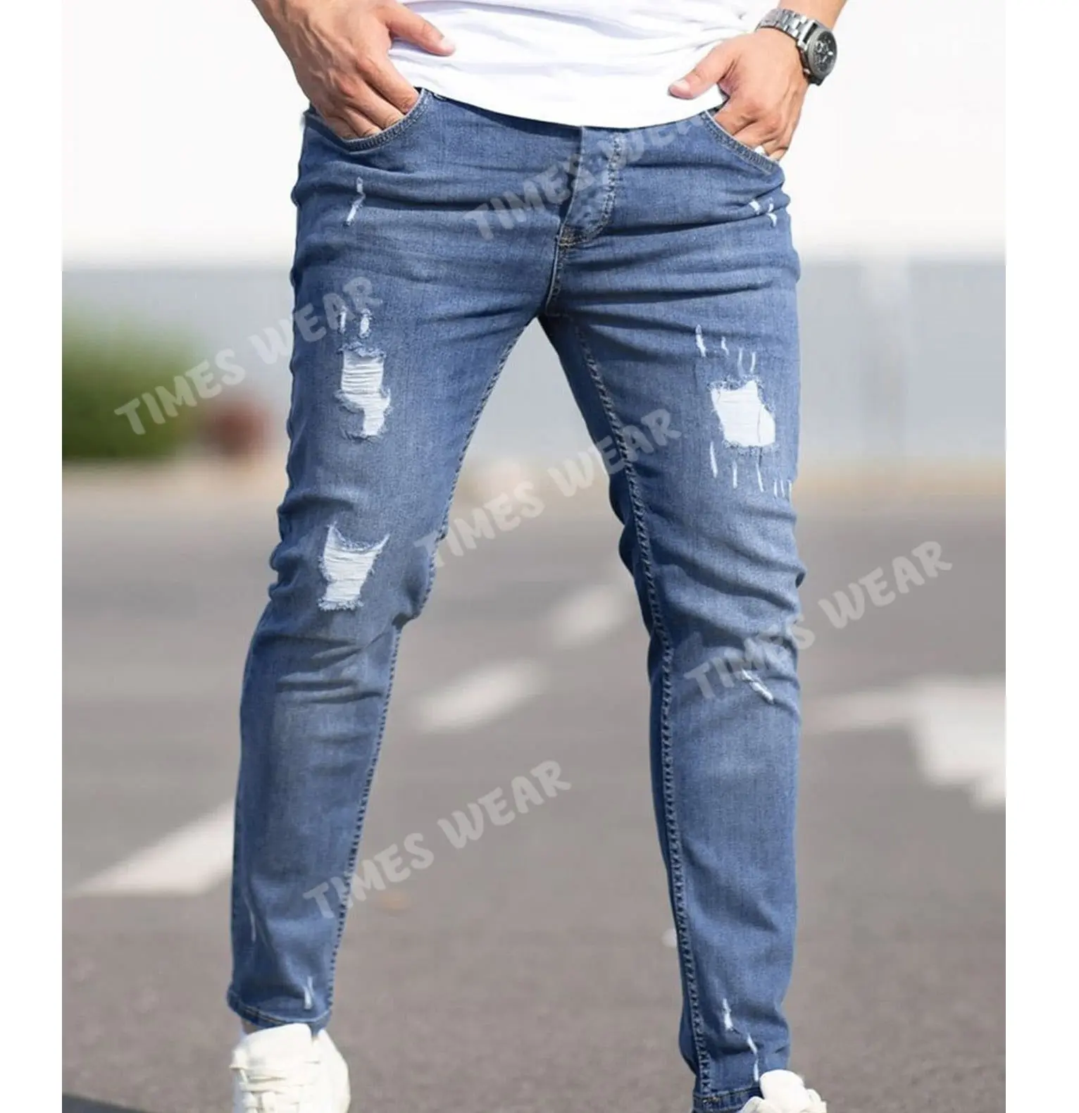 Customized Label Men's Street Fashion Jeans Pant Men Ripped Frayed Skinny Denim Jeans
