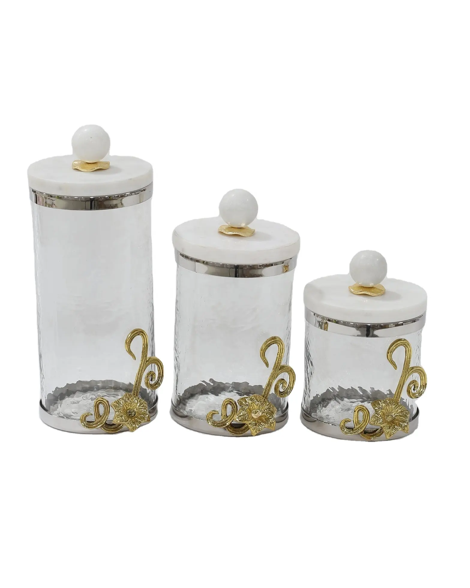 Conjunto de frascos de vidro para armazenamento de artigos elegantes em mármore e metal com tampas de mármore