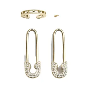 4ps Stud Earrings Punk Gold CZ Paperclip Safety Pin Earrings U shape Rhinestone Crystal Wedding Paper clip hoope earrings