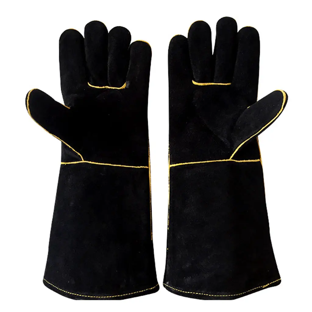 Black long 14 inch cow split welding gloves heat resistant thick leather welder gloves for welding purpose glove
