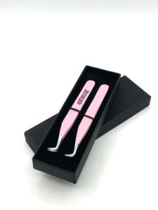Pinzas de extensión de pestañas de acero inoxidable con revestimiento de polvo rosa claro de 90 grados de estilo profesional, instrumentos de belleza con logotipo personalizado - Product Image 5