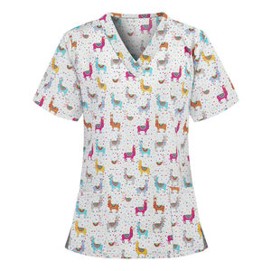 Belles blouses d'uniforme d'infirmière avec impression irrégulière, chemisier d'été col V à manches courtes pour femmes avec poche, 2019 - Product Image 4