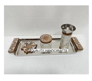 Plateau de service à Dessert en bois d'acacia rond, 1 pièce, cadeau du Ramadan Eid, incrustation pour chocolat, plateau à Dessert avec des perles - Product Image 5