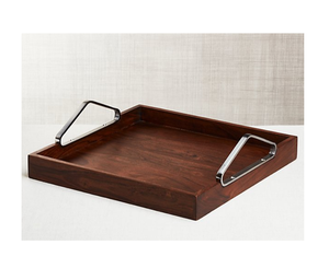 Bandeja de madera pura para alimentos con mango de metal Exportador Nuevo diseño Bandeja de servicio de madera de acacia hecha a mano con mango de metal - Product Image 1