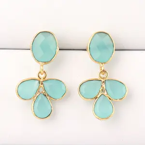 Fashion Designer Multi Stone Oval Pear Aqua Chalcedony Handing Stud Dangle Earrings Gold Plated Dangling Earrings Gift For Woman