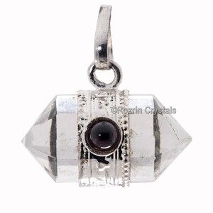 Get Online Crystal Quartz Double Point Pendants with Garnet : Crystal Quartz Double Point Pendants with Garnet For Sale - Product Image 1