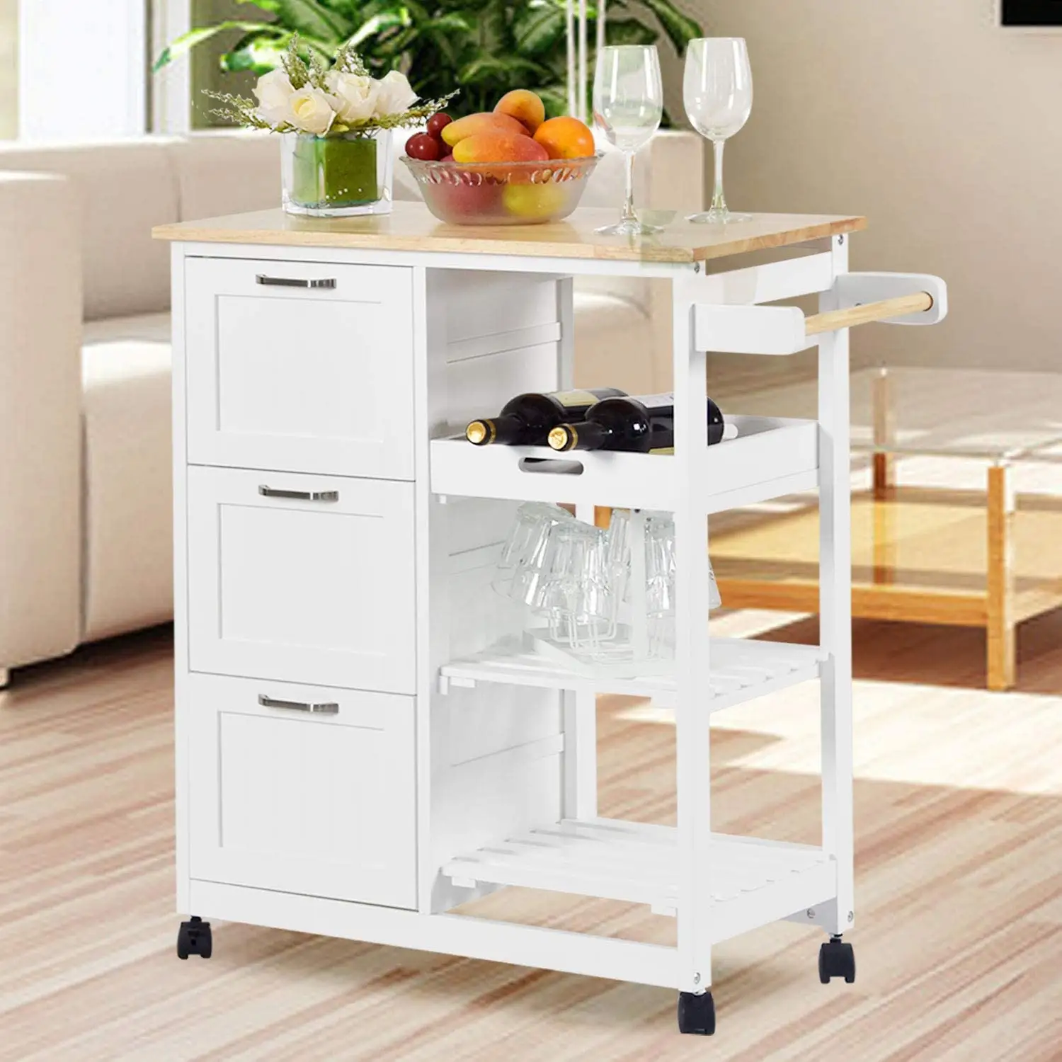 Kitchen Island Cart,Industrial Kitchen Bar&Serving Cart Rolling on Wheels Utility Storage Trolley with 3-Tier Wine Rack Shelves