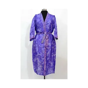 Phụ Nữ Kimono Ăn Mặc Cổ Điển Tinh Khiết 100% Lụa Sari Đôi Túi Đêm Mặc Đầy Đủ Tay Áo Màu Xanh Tím Màu Sắc Cô Gái Kimono Ăn Mặc