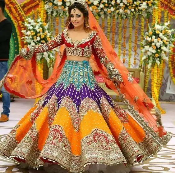 Самая модная и насыщенная форма Mehandi, специальная одежда, разноцветный шелк lehenda Холи с упругой вышивкой из Индии