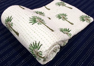 Palm Tree Pattern Kantha Quilt Printed Cotton Filled <b>Bedcover</b> Wholesale Quilted Blanket - Product Image 4