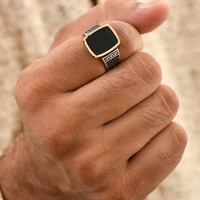Composé de pierres précieuses en Onyx noir naturel pour homme, bagues tendance, en laiton et argent, Style turc, bijoux, 925
